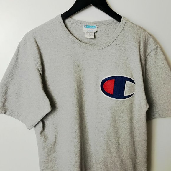 Champion T Shirt Classic Sport Gym Patch Tee Short Sleeve Cotton Solid Logo L - Picture 8 of 9